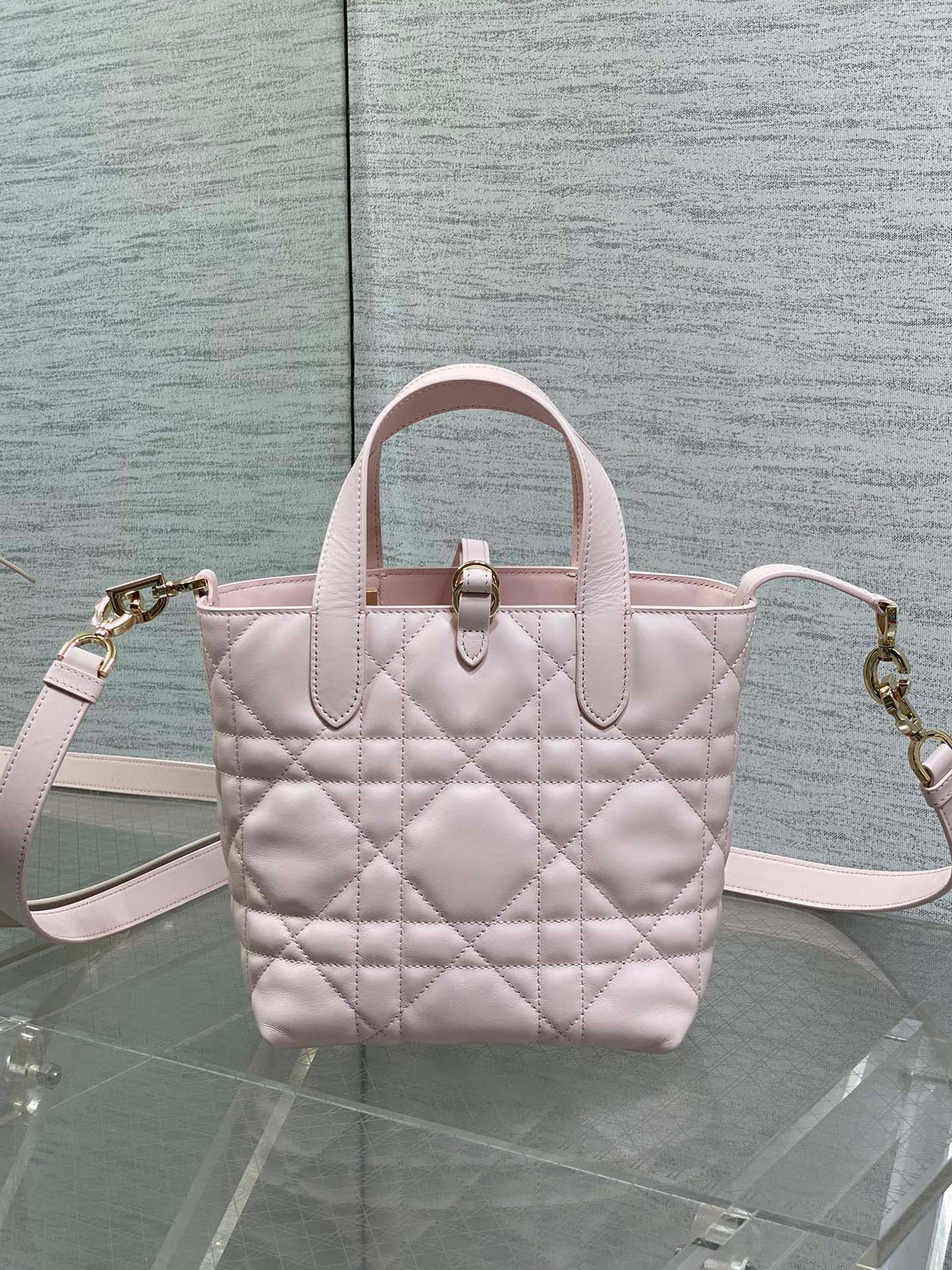 DIOR 25S TOUJOURS VERTICAL TOTE BAG 18 IN LIGHT PINK CALFSKIN WITH CHARM BRACELET STRAP