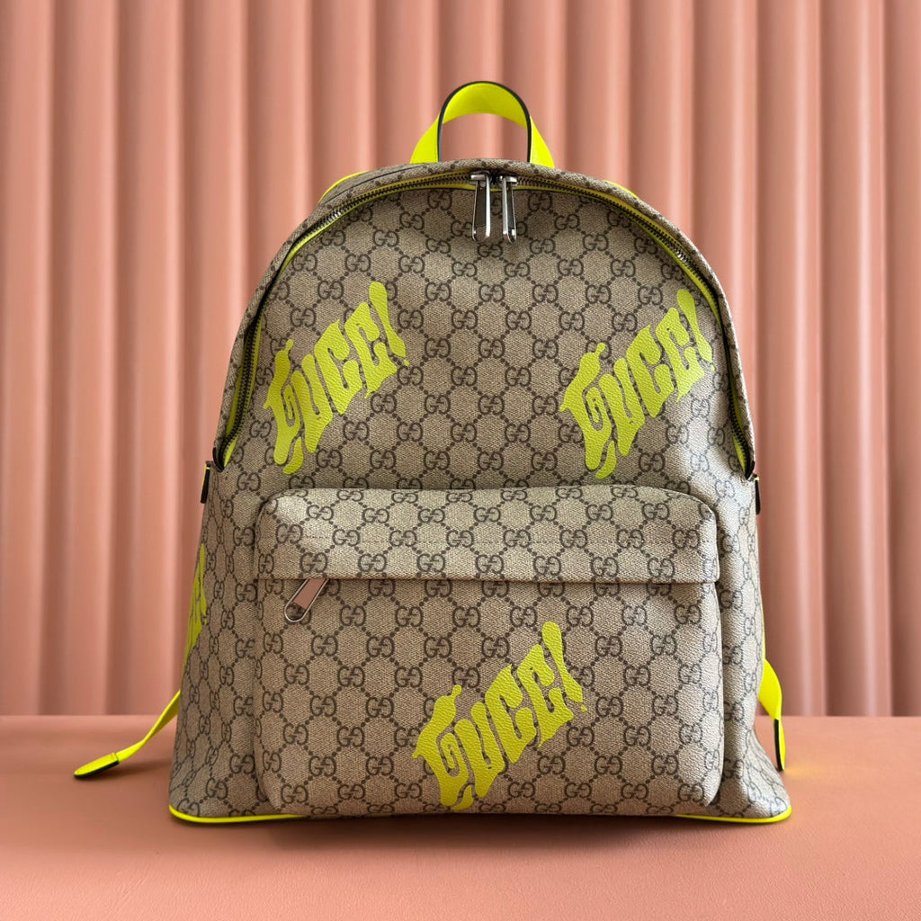 GUCCI MEDIUM BACKPACK WITH PRINT 41 LIME GREEN IN CALFSKIN
