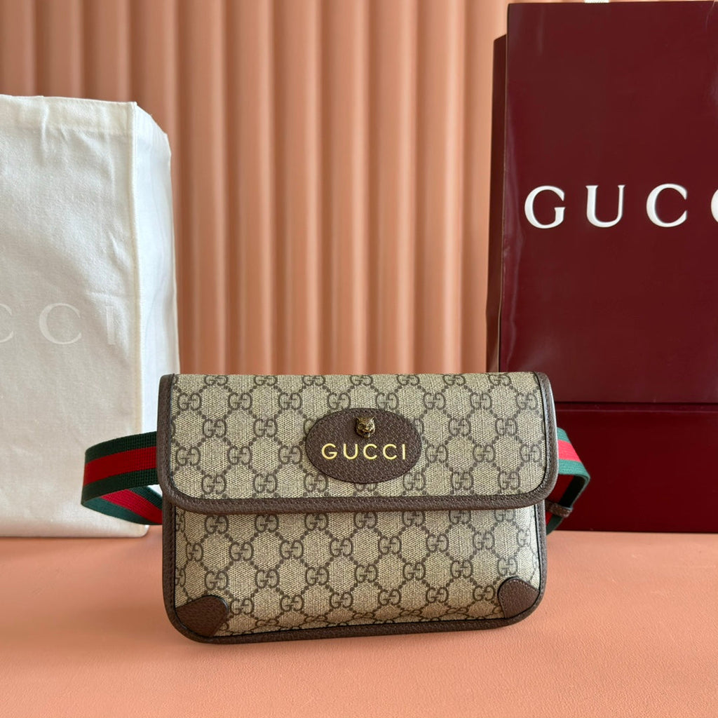 GUCCI NEO VINTAGE TIGER HEAD CROSSBODY BAG 24 IN CANVAS BROWN LEATHER TRIM