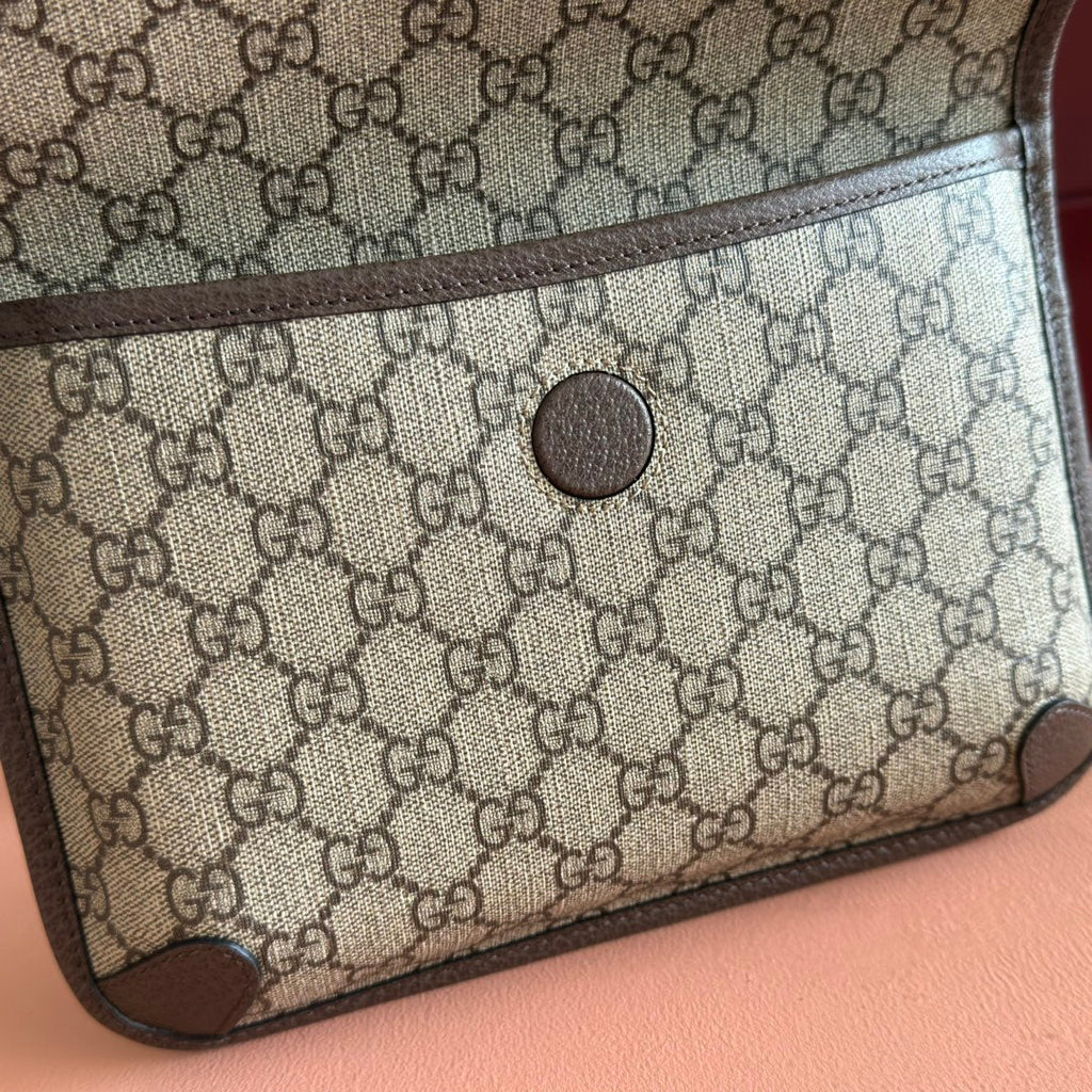 GUCCI NEO VINTAGE TIGER HEAD CROSSBODY BAG 24 IN CANVAS BROWN LEATHER TRIM