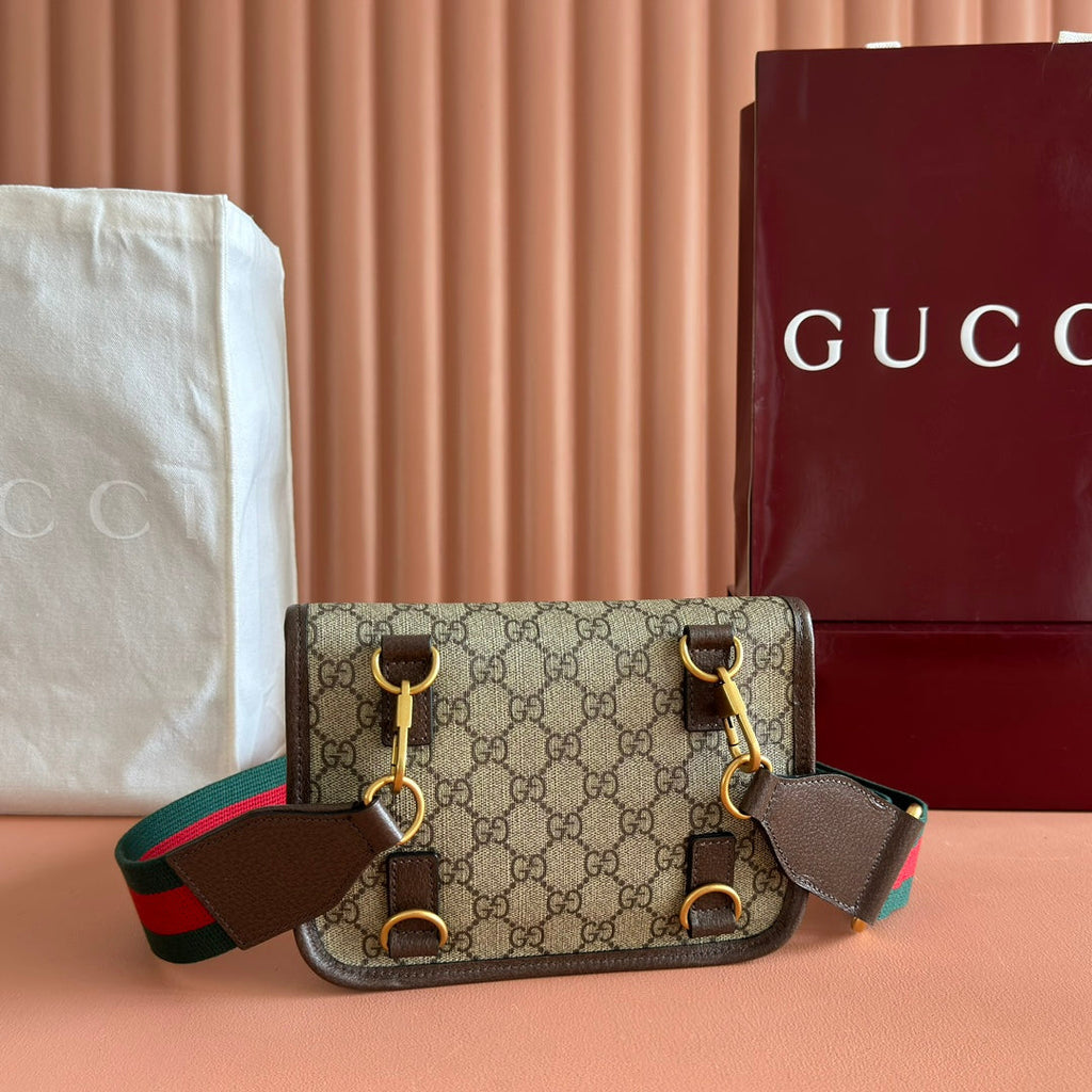 GUCCI NEO VINTAGE TIGER HEAD CROSSBODY BAG 20 IN CANVAS BROWN LEATHER TRIM