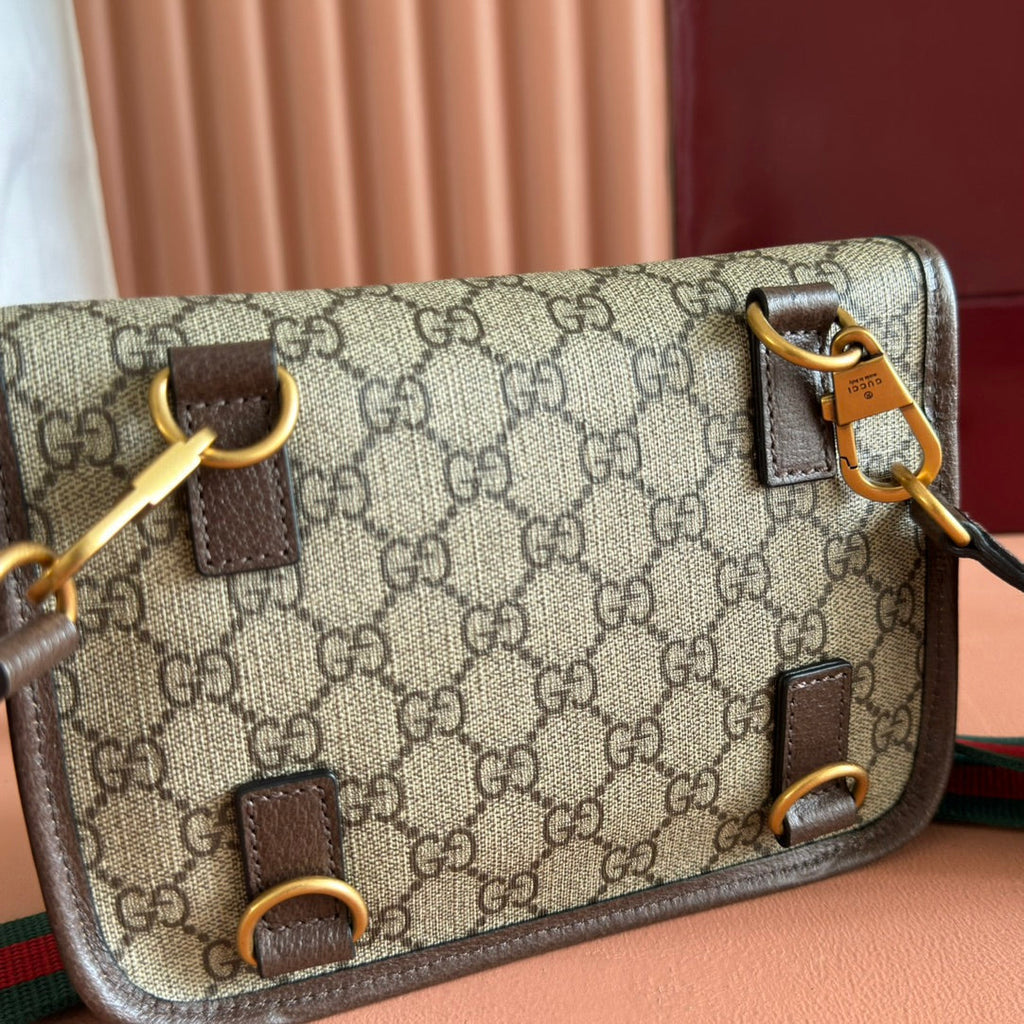 GUCCI NEO VINTAGE TIGER HEAD CROSSBODY BAG 20 IN CANVAS BROWN LEATHER TRIM